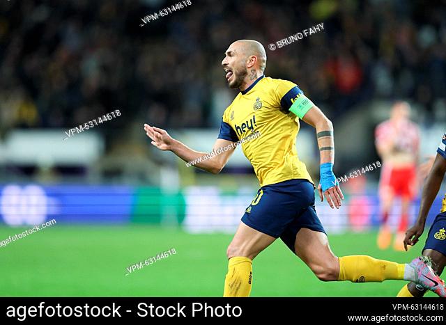Union's Teddy Teuma celebrates after scoring during a soccer game between Belgian Royale Union Saint-Gilloise and German Union Berlin