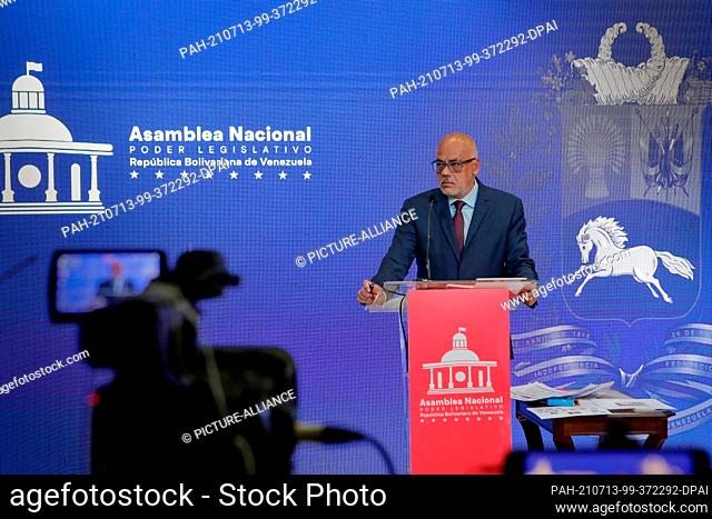 13 July 2021, Venezuela, Caracas: Jorge Rodriguez, president of the Venezuelan National Assembly, during a press conference