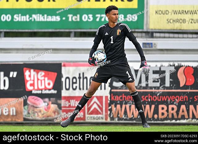 goalkeeper Lucca Kiaba Mounganga (1) of Belgium pictured during a friendly soccer game between the national under 16 teams of Portugal and Belgium on Sunday 17...