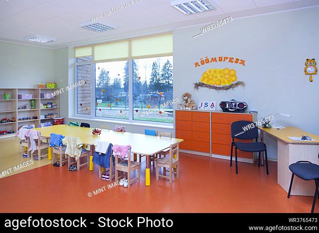 Day care nursery or pre-school kindergarten school, spacious interiors, classroom