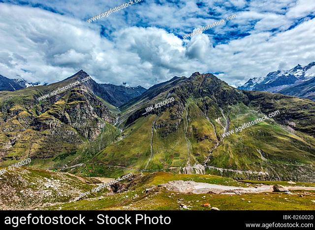 Veiw of Lahaul valley from descend from Rohtang La pass. Himachal Pradesh, India, Asia
