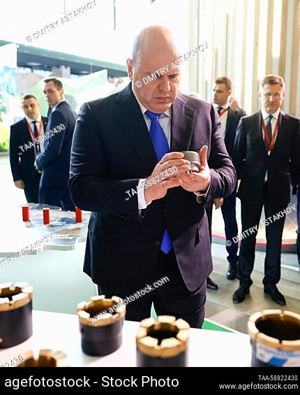 RUSSIA, MINERALNYE VODY - MAY 3, 2023: Russia's Prime Minister Mikhail Mishustin attends the Caucasus Investment Exhibition at the MinvodyExpo Exhibition Center