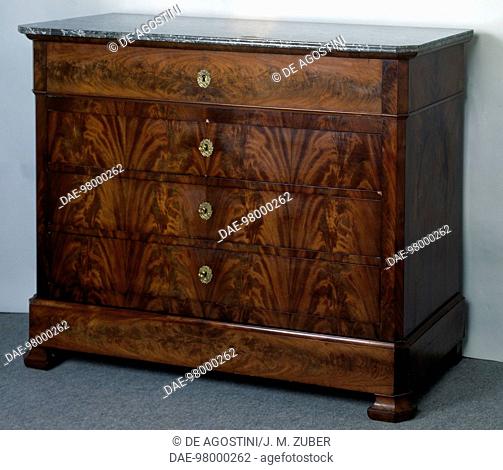 Louis Philippe style mahogany secretary commode with flamed mahogany veneer finish and Sainte-Anne gray marble top. France, 19th century
