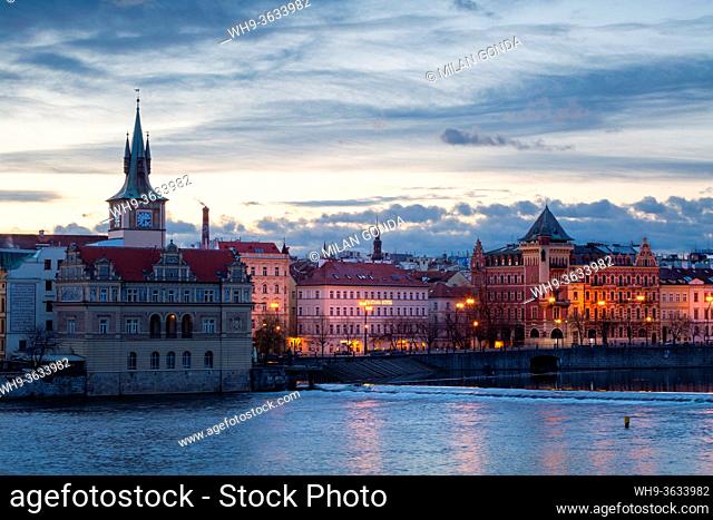 Prague, Czech Republic - March 8, 2019: Morning view of the historical city centre of Prague from Charles Bridge