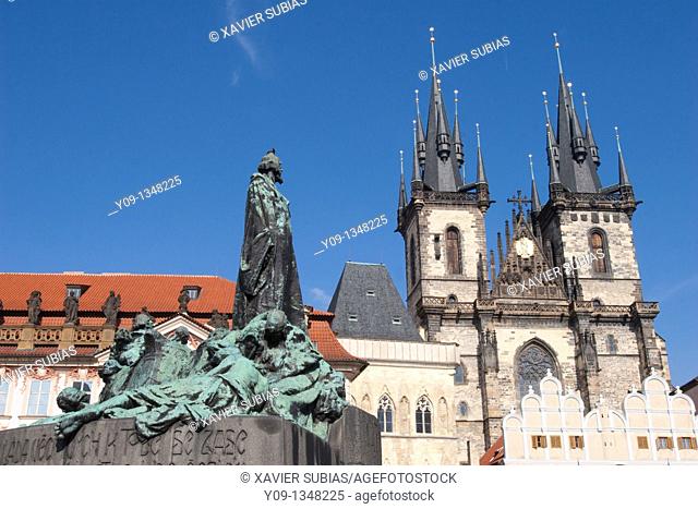 Jan Hus statue Tyn church old town square Staromestske Namesti  Prague  Czech Republic