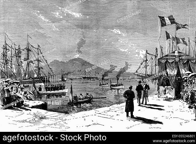 Arrival of the Swedish ship Vega in the Bay of Naples. Landing Professor Nordenskiold, back in Europe after my polar exploration, vintage engraved illustration