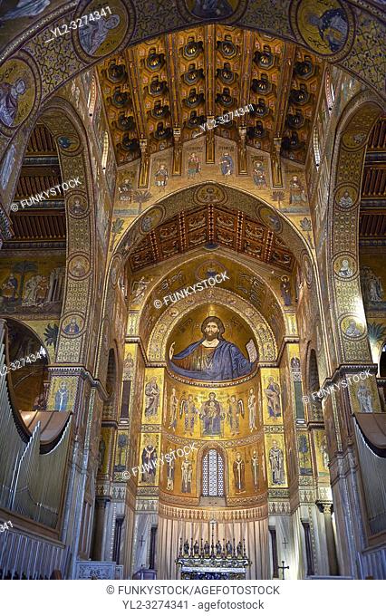Christ Pantocrator mosaics of the Norman-Byzantine medieval cathedral of Monreale, province of Palermo, Sicily, Italy