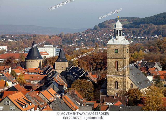 Stephanikirche church and Breites Tor gate, view from the church tower of Marktkirche church, Goslar, a UNESCO World Heritage site, Harz, Lower Saxony, Germany