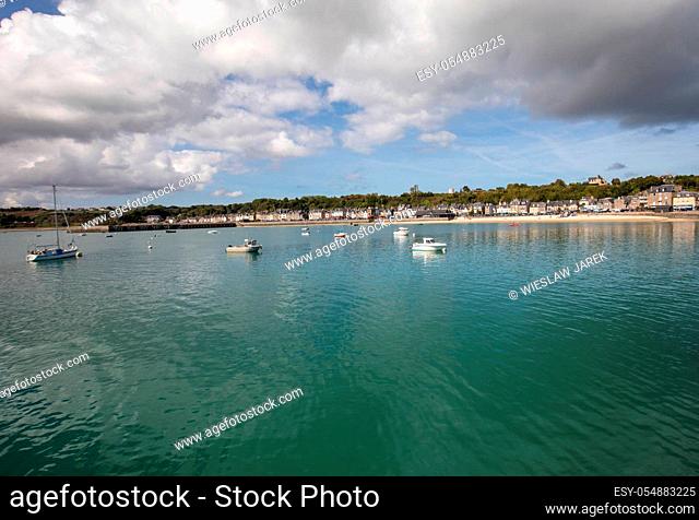 Cancale, France - September 15, 2018: Cancale, fishing port and famous oysters production town located at the western end of the bay of Mont Saint-Michel on the...