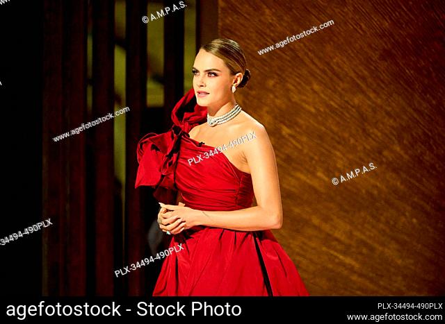 Cara Delevingne introduces Oscars® nominee Dianne Warren with Sofia Carson during the live ABC telecast of the 95th Oscars® at the Dolby® Theatre at Ovation...