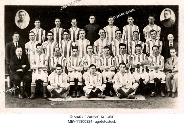 Huddersfield Town FC football team c 1922-1923. Back row: Walter, Wood, Slade, Cowell, Barkas, Brough. Smith. Third row: Chaplin (Trainer), Marlow, Stentiford