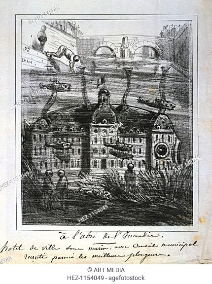 Cartoon proposal to rebuild the Hotel de Ville under water to prevent fire, Paris Commune, 1871. The headquarters of the government of the Commune
