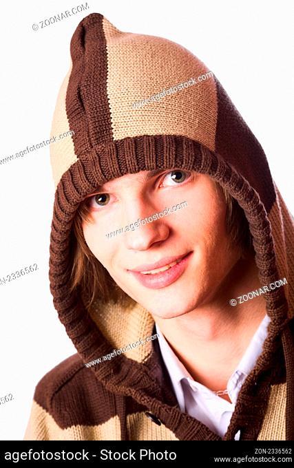 Young handsome man wearing hood isolated on white
