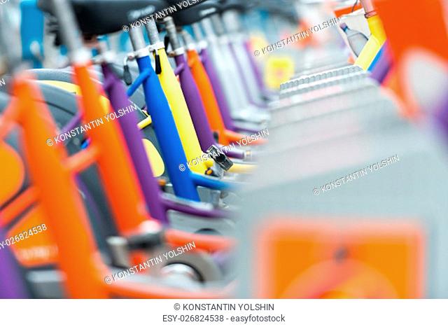 Close up view on details of bicycles for rent in Vienna, Austria. Europe travel