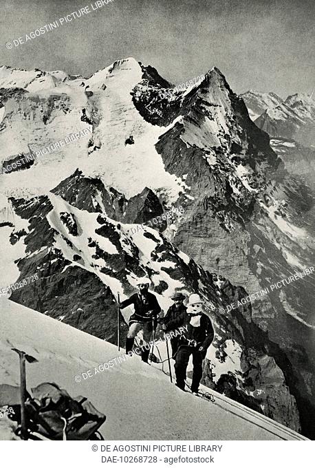 Gaudenzio Sella wearing a face protection, Alessandro Sella (1857-1891) and Jean Joseph Maquignaz (mountain guide, 1829-1890), in the Bernese Oberland