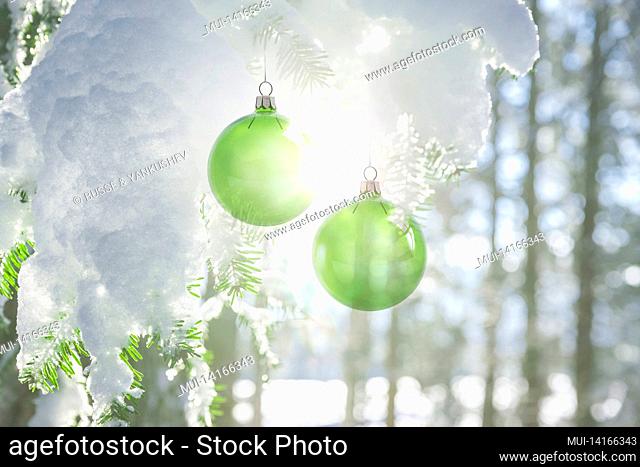 green christmas balls on a snow-covered pine branch