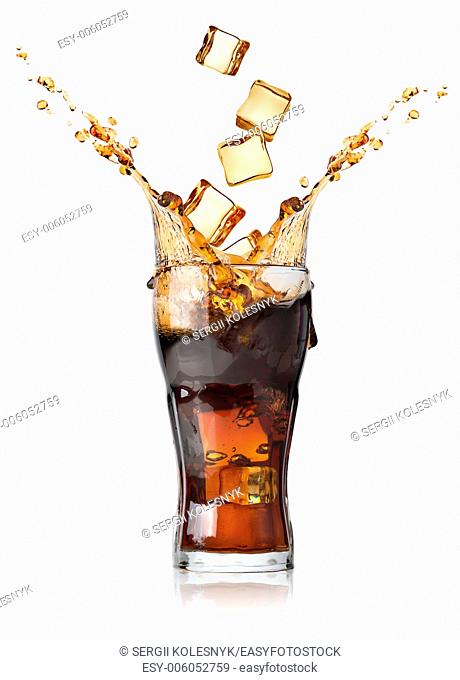 Cola with ice cubes isolated on white