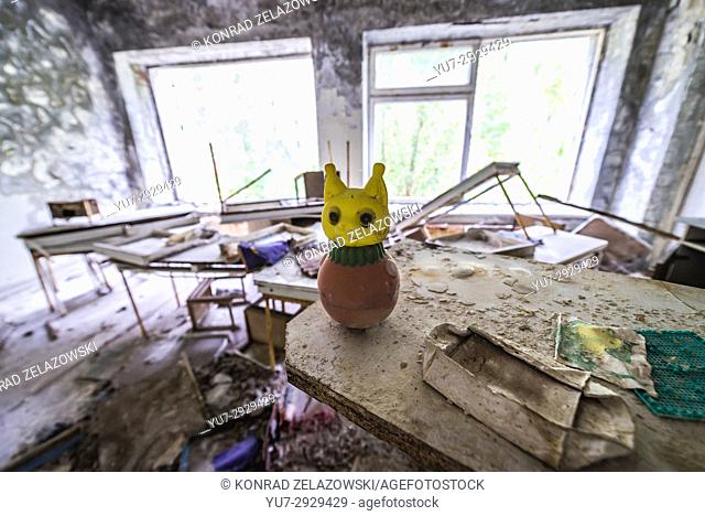 Toy in ""Cheburashka"" kindergarten No 10 in Pripyat ghost city, Chernobyl Nuclear Power Plant Zone of Alienation in Ukraine