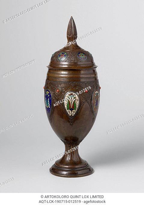 Jug with lid with six enamelled shields, The round object consists of a jug, with the bottom in the base made of one tombak plate, and a lid