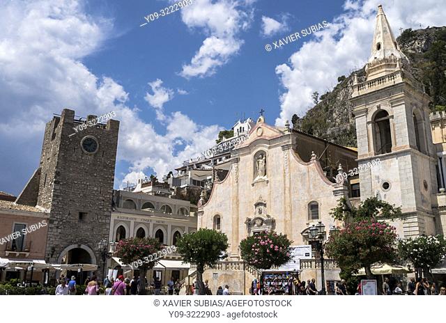 Tower Clock and San Giuseppe church, Taormina, Sicily, Italy