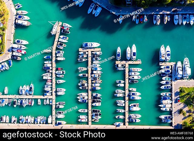 Aerial view of rows of boats at marina of Santa Ponca, Mallorca