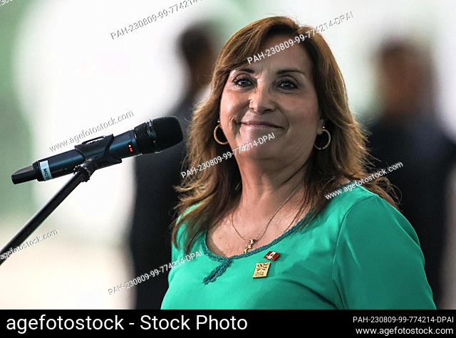 08 August 2023, Brazil, Belem: Dina Boluarte, President of Peru, speaks at the Hangar Convention Center during the Amazon Summit in Belem, Brazil