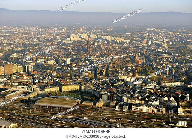 France, Bas Rhin, Strasbourg, old town listed as World Heritage by UNESCO, Railway station and Notre Dame Cathedral (aerial view)