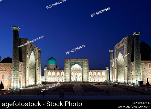 Registan Square, central square of Samarkand at night. Uzbekistan