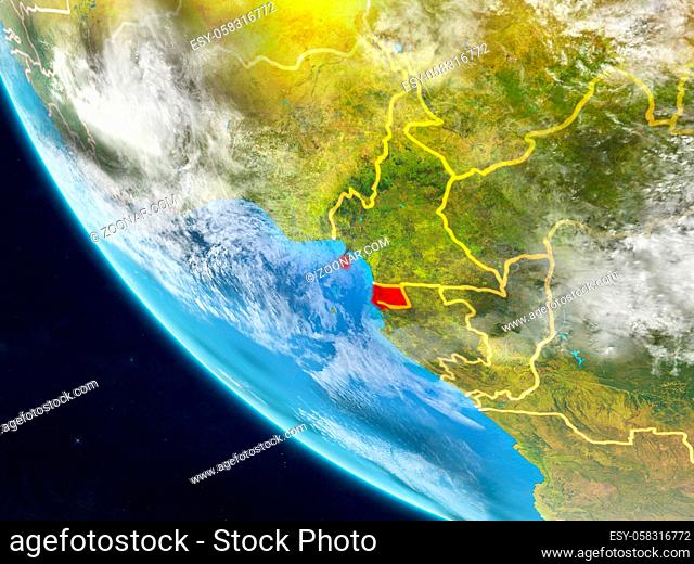 Equatorial Guinea on planet Earth from space with country borders. Very fine detail of planet surface and clouds. 3D illustration