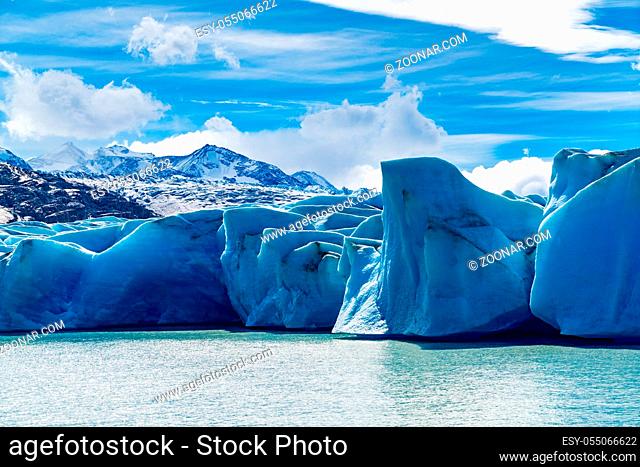 View of Glacier Grey and Lake Grey with the snowy mountain at Torres del Paine National Park in Southern Chilean Patagonia, Chile