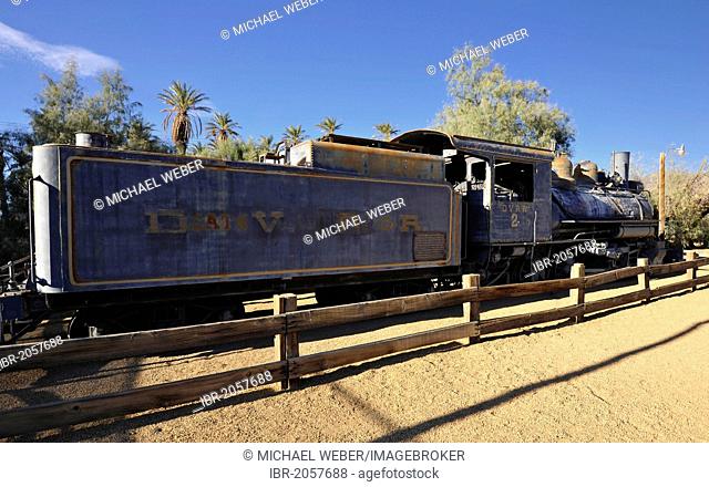 Historic steam locomotive, ca. 1930, for the transport of borax, Borax Museum, Furnace Creek Ranch Resort Oasis, Death Valley National Park, Mojave Desert