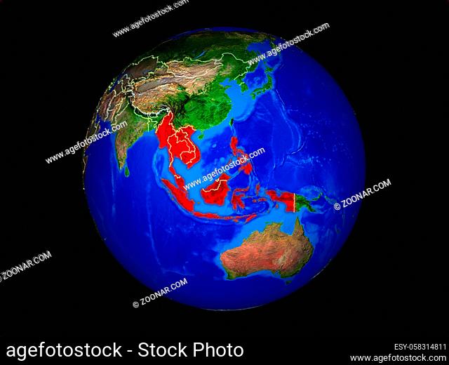 South East Asia on planet planet Earth with country borders. Extremely detailed planet surface. 3D illustration. Elements of this image furnished by NASA