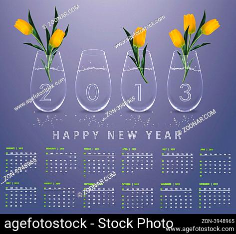 New year 2013 Calendar with conceptual image of yellow tulips in glass vases