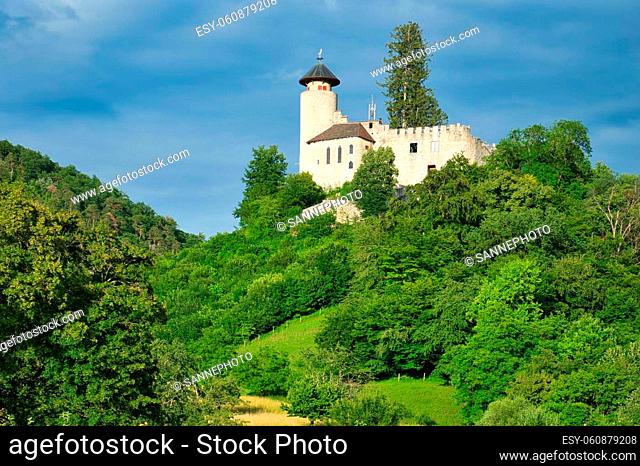 Birseck Castle near Arlesheim, Basel-Country, Switzerland. The sky is still cloudy, but the sun is shining. Image taken from public ground