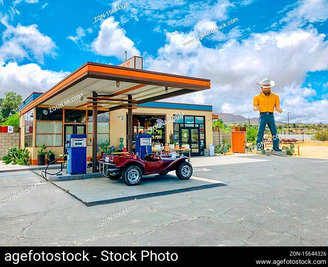 The Station, famous gas station in the middle of the desert on Palms Hwy, Joshua Tree. California. USA. May 22nd, 2020