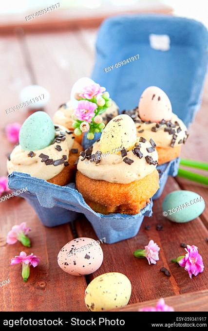 Kleine Cupcake mit Ostereiern in Karton zu Ostern