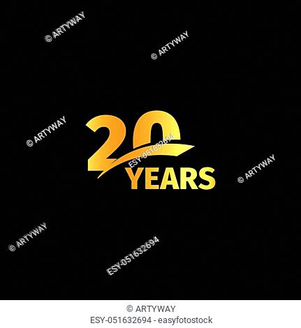 Isolated abstract golden 20th anniversary logo on black background. 20 number logotype. Twenty years jubilee celebration icon