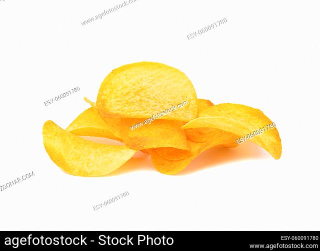 stack of round potato chips with paprika isolated on white background, snack