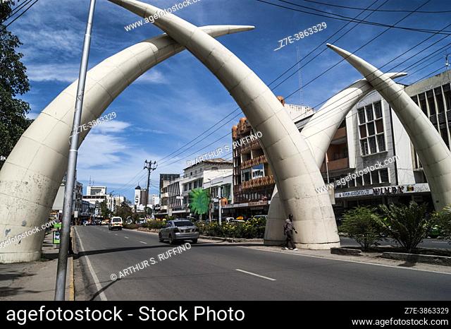 Mombasa tusks. White aluminum elephant tusks grace Moi Avenue forming symbolic arches. Mombasa, Kenya, Africa