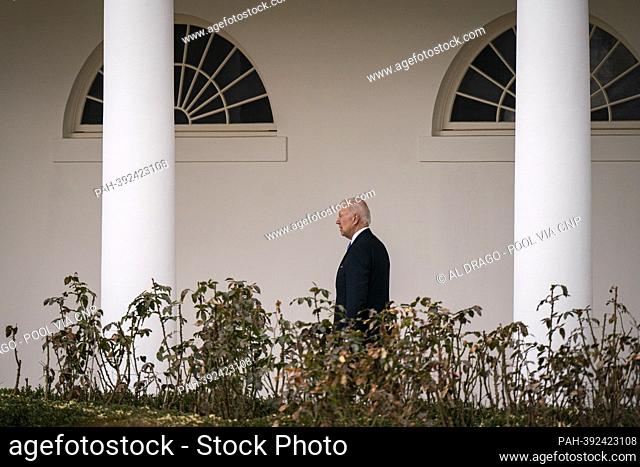 United States President Joe Biden walks along the West Wing colonnade of the White House in Washington, DC, US, on Monday, January 23, 2023