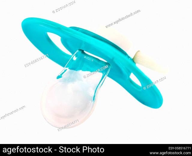 Blue baby silicone pacifier isolated on white. Blue soother or pacifier isolated on white with clipping path