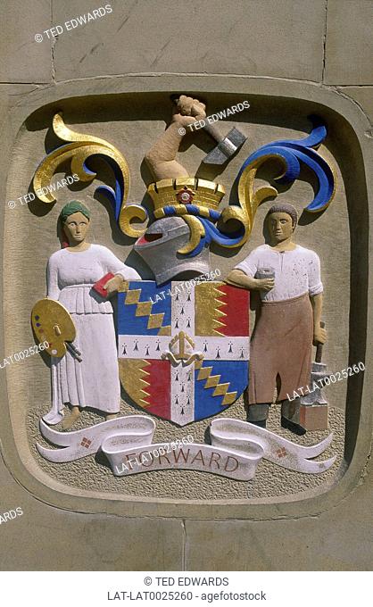 Close up of Birmingham's coat of arms and motto Forward
