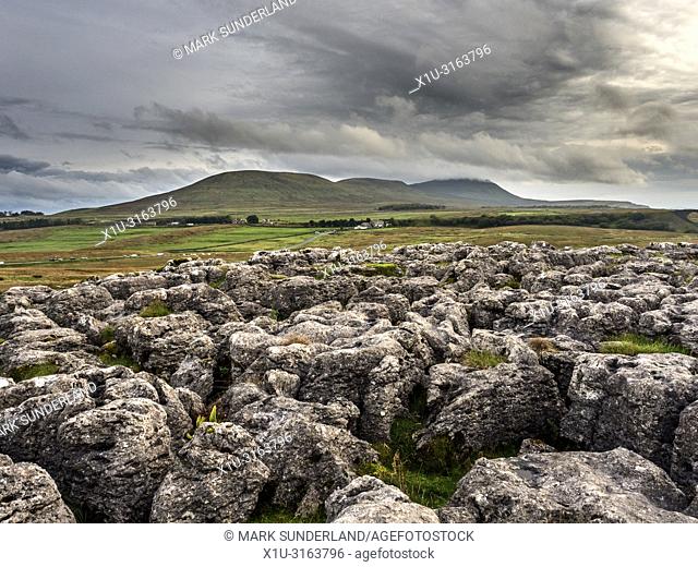 Dark clouds over Ingleborough from limestone pavement at Ribblehead Yorkshire Dales England