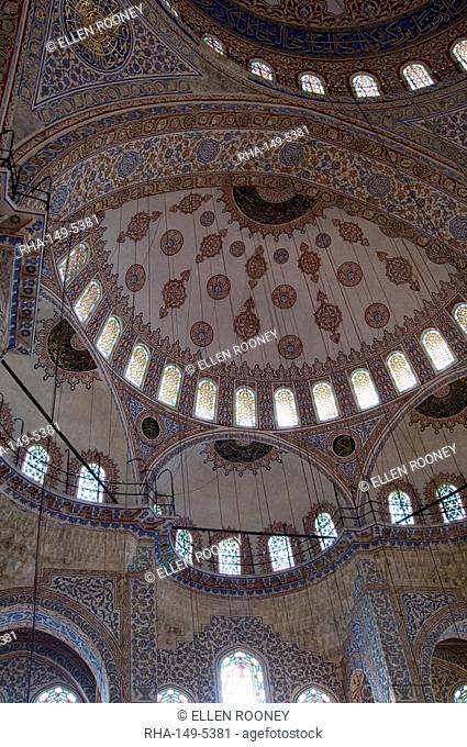 An interior view of an elaborately decorated dome in the Blue Mosque Sultan Ahmet mosque, Istanbul, Turkey, Europe, Eurasia