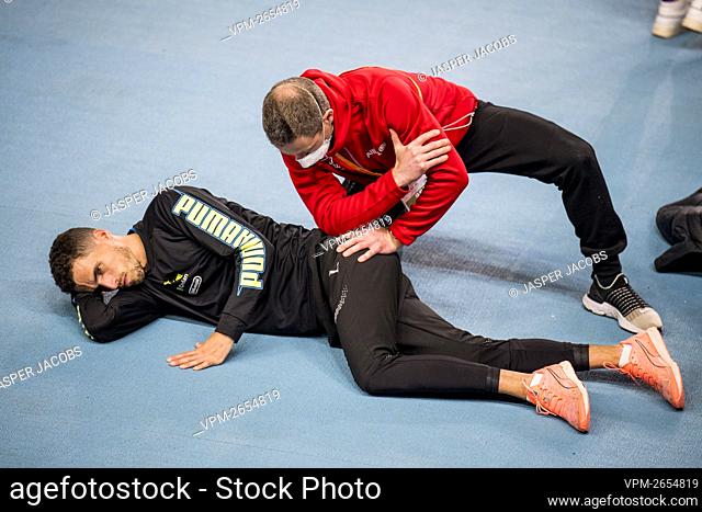 Belgian Kevin Borlee and Physiotherapist Maarten Thysen pictured during a training ahead of the European Athletics Indoor Championships, in Torun, Poland