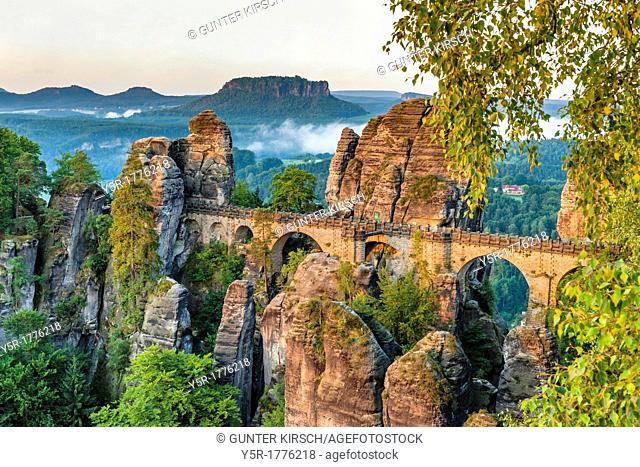 View from Ferdinand stone to the spectacular rock formation Bastei Bastion and Bastei Bridge It is one of the most visited tourist attractions in the Saxon...