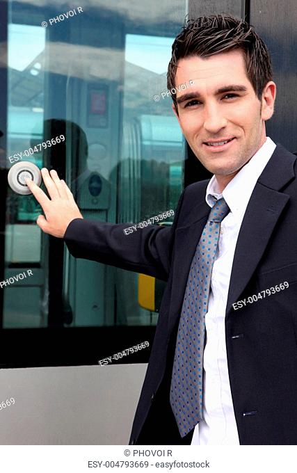 Man pressing button