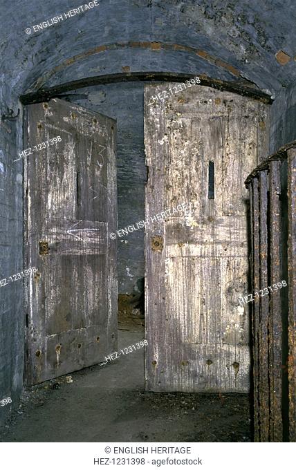 Armoured door at Dover Castle, Kent, 1994. An armoured door with firing loops at the top of the spiral stairs down to the Moat's Bulwark at Dover Castle