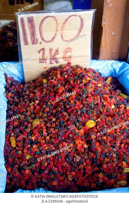 Red and colorful dry raisins in India Street and Gambier street are streets in Kuching City, fronting the Sarawak River. Many bulk spices both whole and ground
