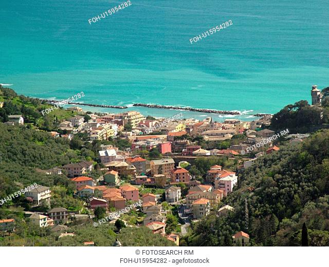 Liguria, Italy, Moneglia, Riviera di Levante, Ligurian Riviera, Europe, Scenic aerial view of the town of Moneglia along the Ligurian Sea